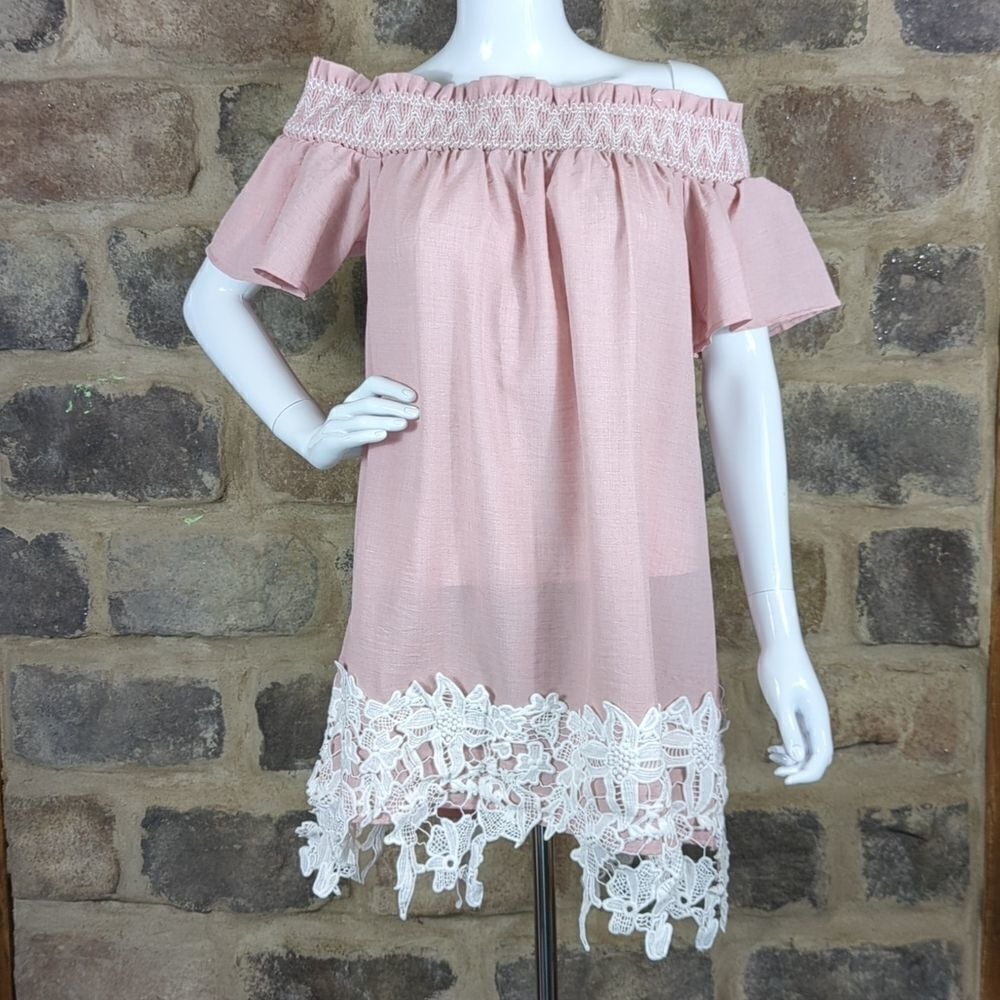 Tassels N Lace Mini Dress Pink Off Shoulder Smocked Top Lace Boho Tunic Large